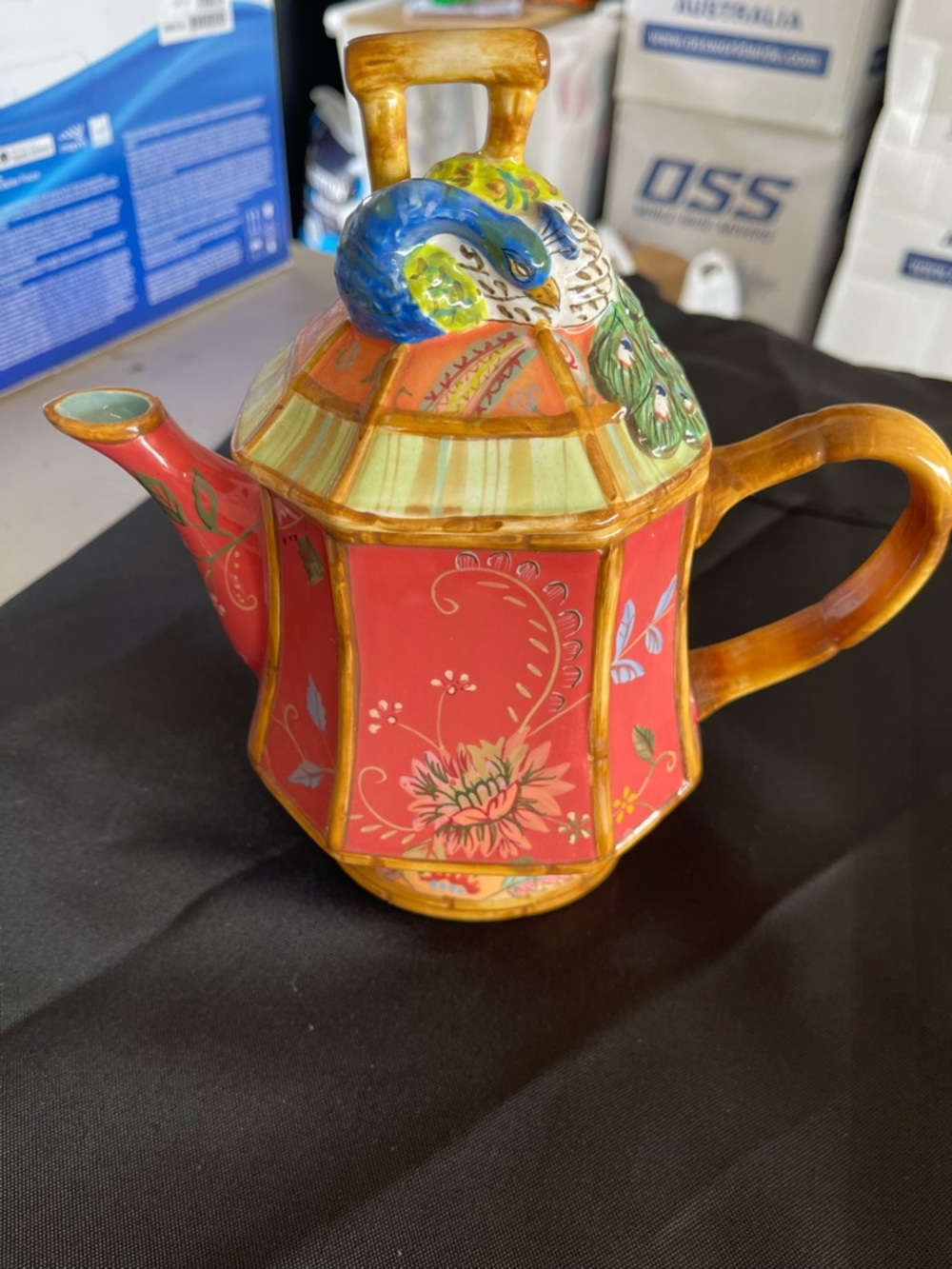 Tracy Porter Red Floral Peacock-Accented Ceramic Teapot